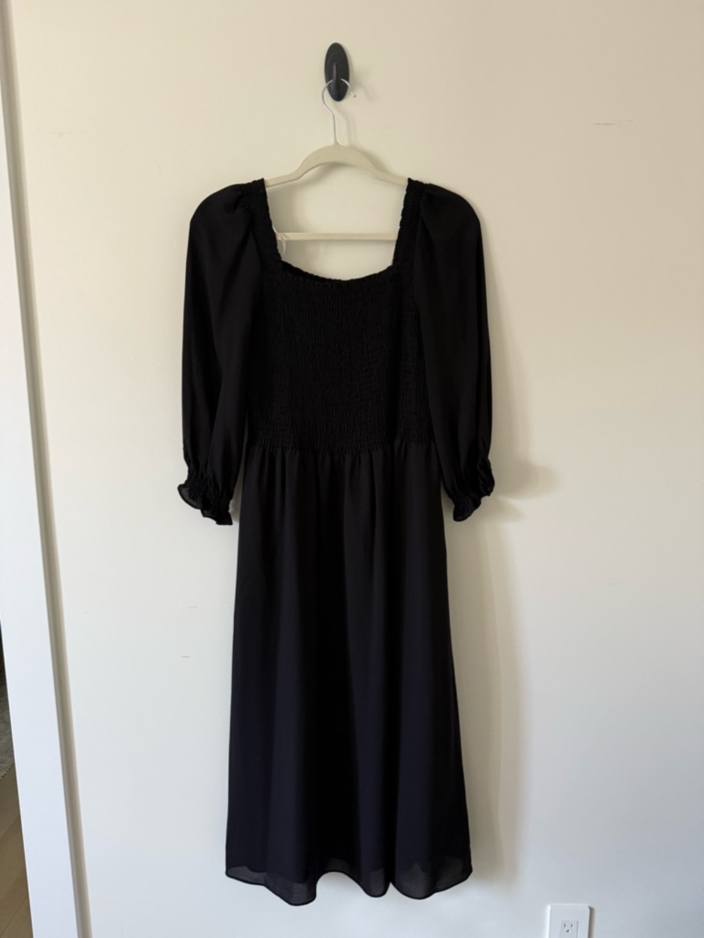 Nanette Lepore Black Smocked Puff-Sleeve Midi Dress